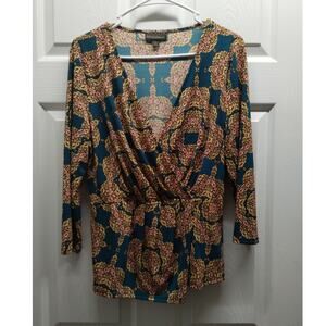 Bold Elements Size Medium Teal & Gold Patterned Faux Wrap Asymmetric Top